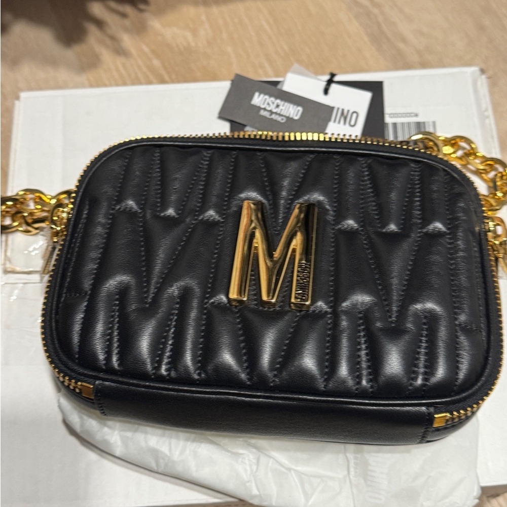 Moschino Black Quilted Mini Bag with Gold Accents